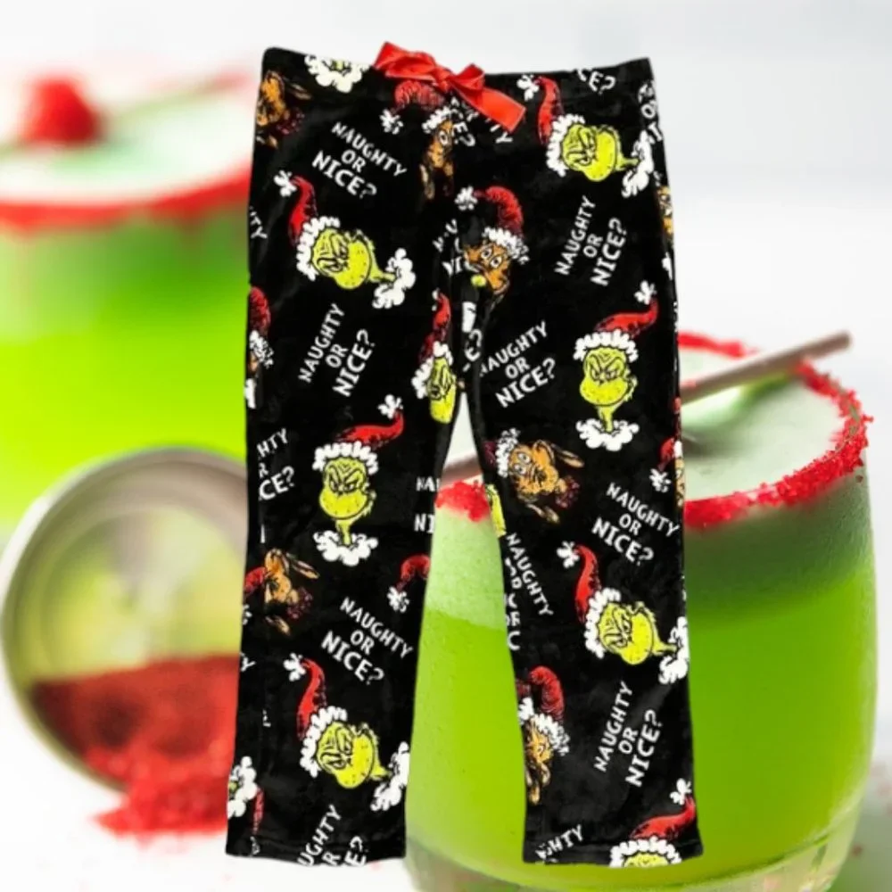 Dr Seuss The Grinch Black Green Fleece PJs Pajama Lounge Pants Size XL 16-18